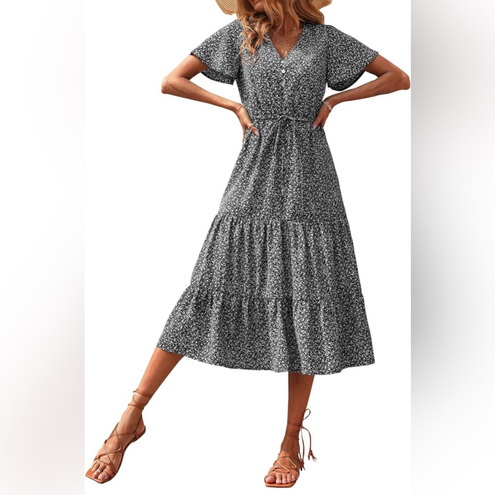 Women's Floral Boho Dress Casual Short Sleeve V Neck Ruffle Tiered Swing Size M
